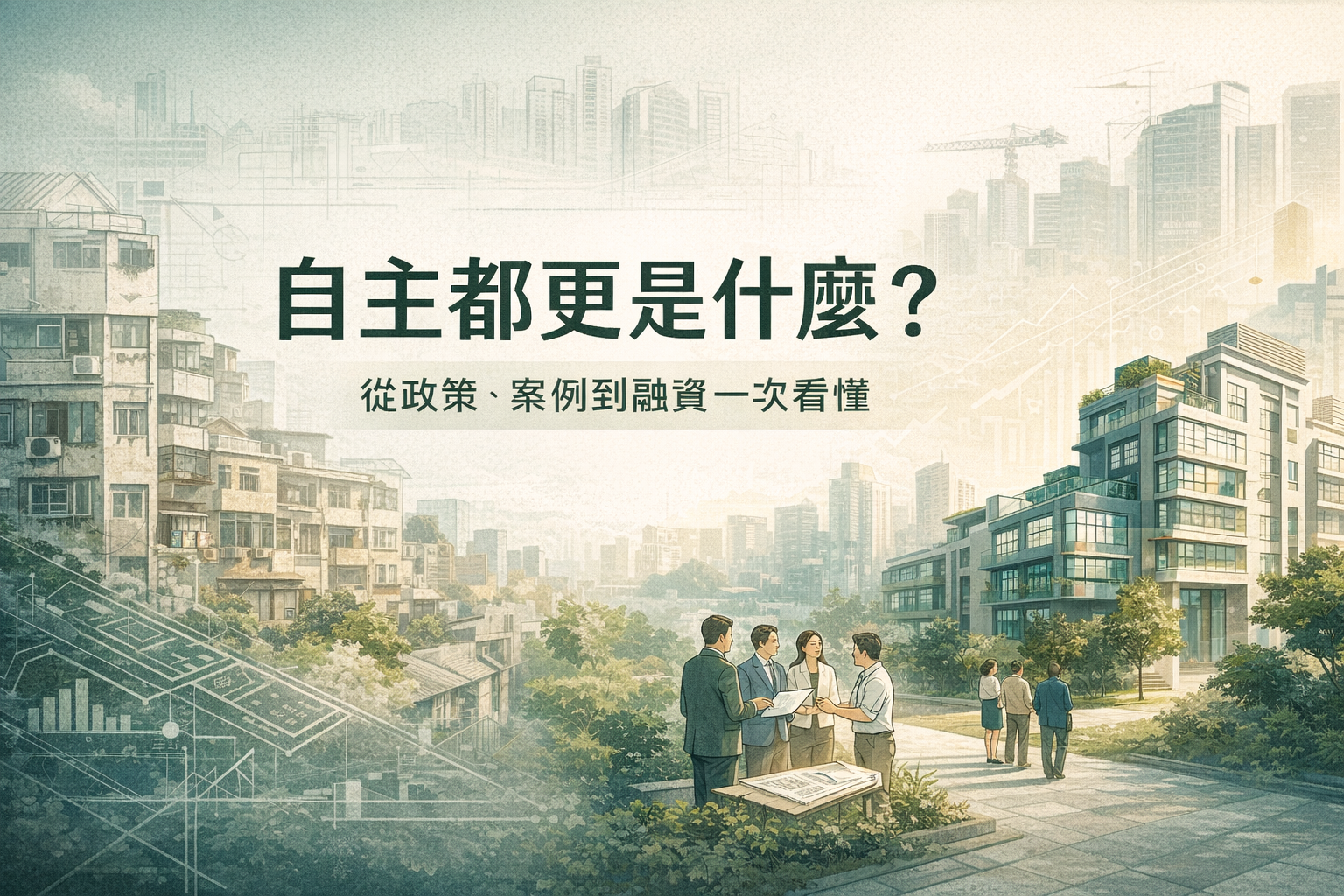 自主都更政策解析封面圖,呈現老舊住宅逐步更新為現代建築的城市景象,並以社區討論與建築藍圖意象象徵都市更新、政策規劃與重建發展。